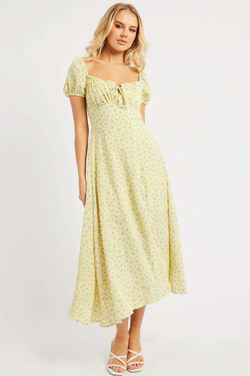 Yellow Ditsy Midi Dress Puff Sleeve Silver Light Field Glow
