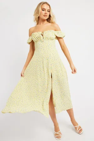 Yellow Ditsy Midi Dress Puff Sleeve Retro Fan