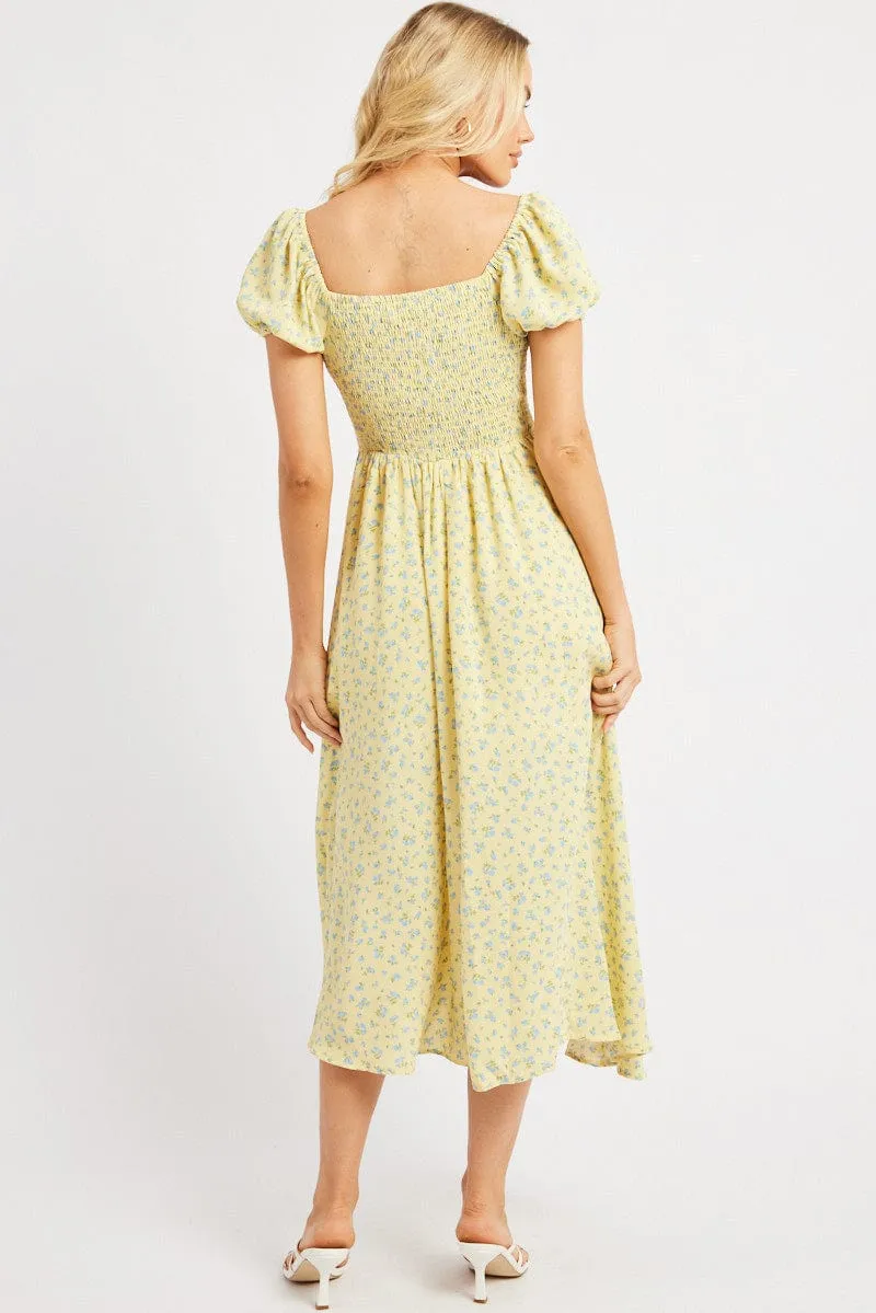 Day-to-Night Look Yellow Ditsy Midi Dress Puff Sleeve