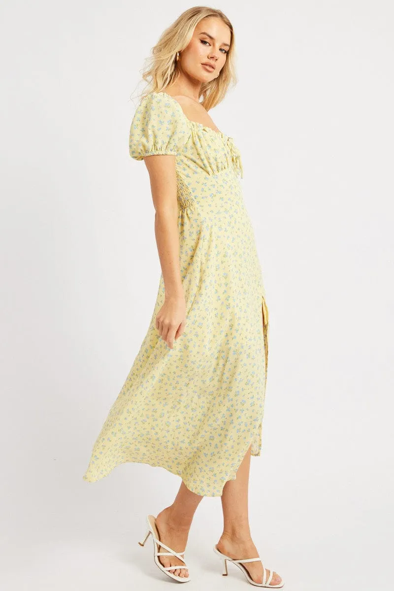 Yellow Ditsy Midi Dress Puff Sleeve Perfect holiday dress
