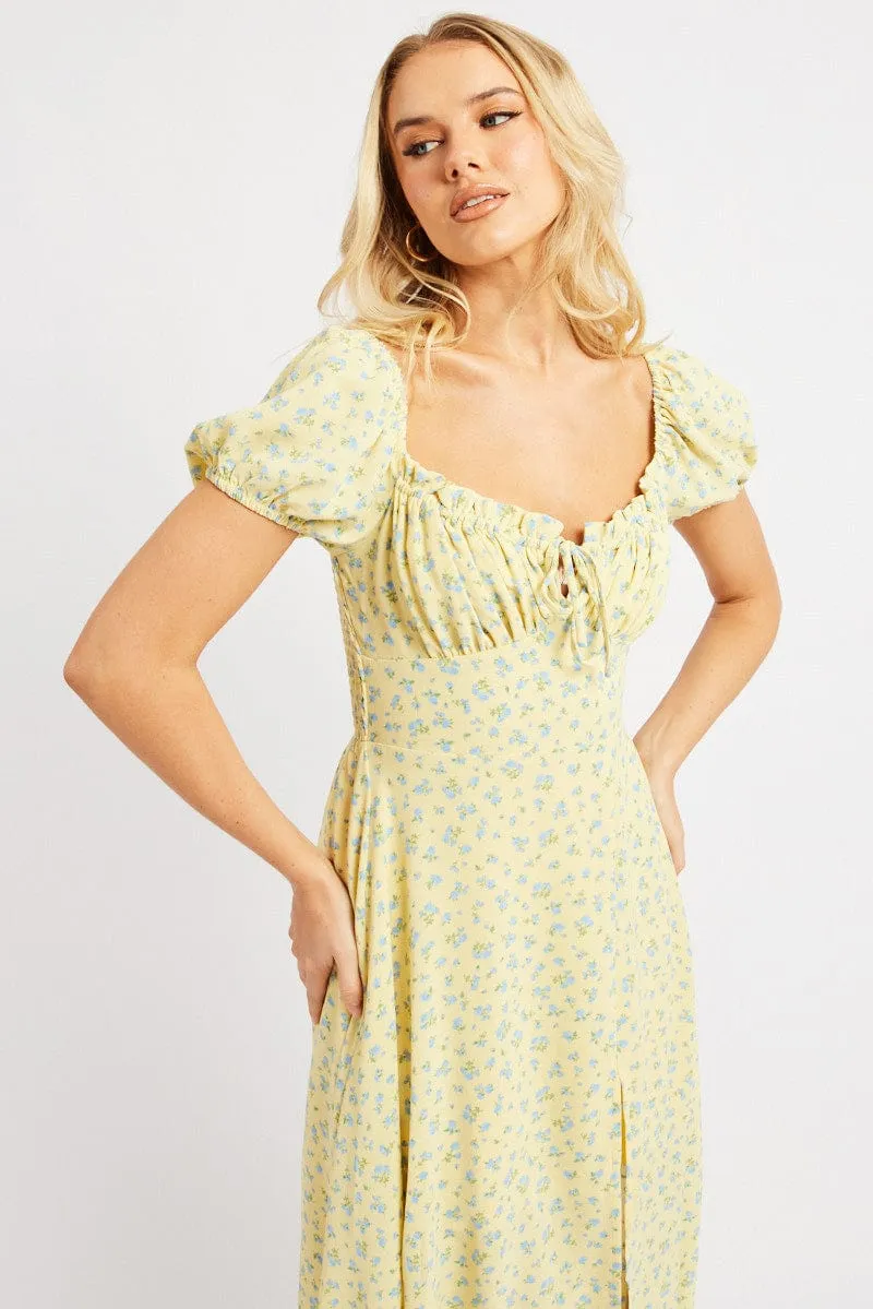 Yellow Ditsy Midi Dress Puff Sleeve Elegant dress for brunch