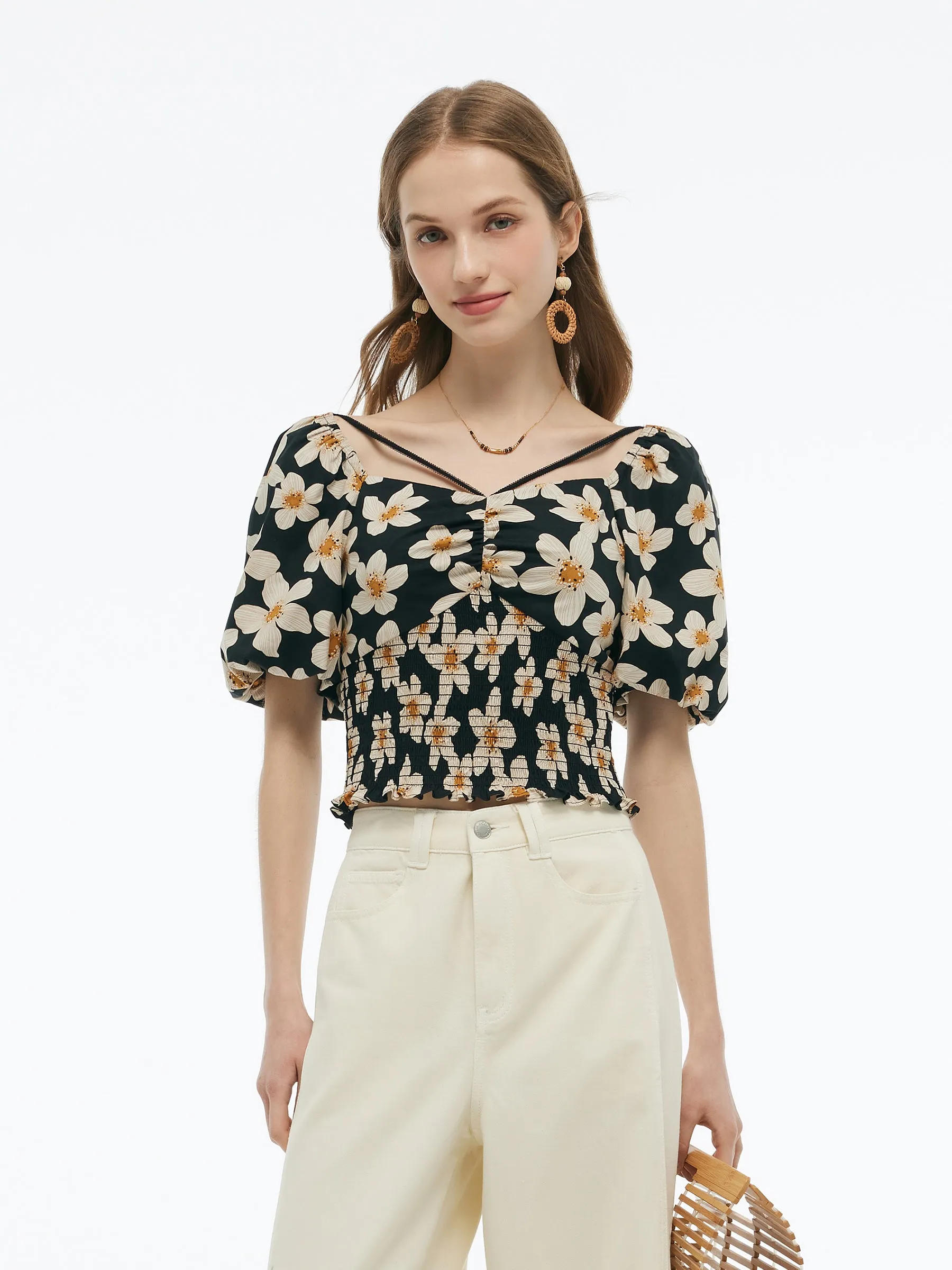 Cotton Stretch Floral Print Women Smocked Top Daily Casual