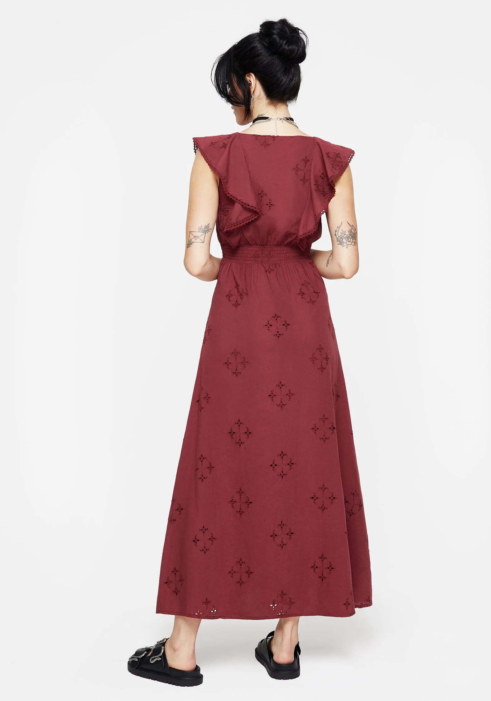 Sunset Peak Crux Broderie Cotton V-Neck Frill Maxi Dress