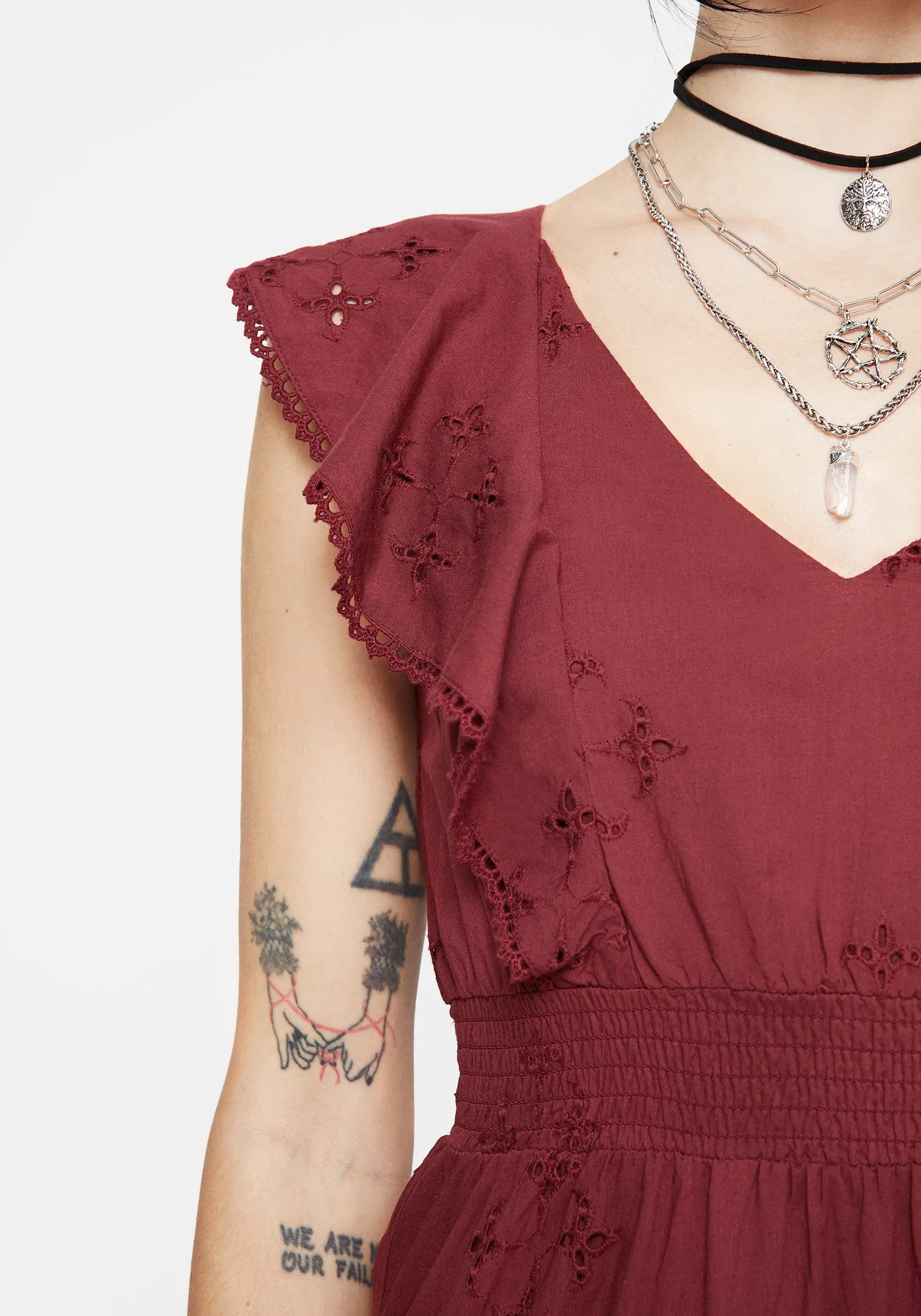 Crux Broderie Cotton V-Neck Frill Maxi Dress Stone Lane