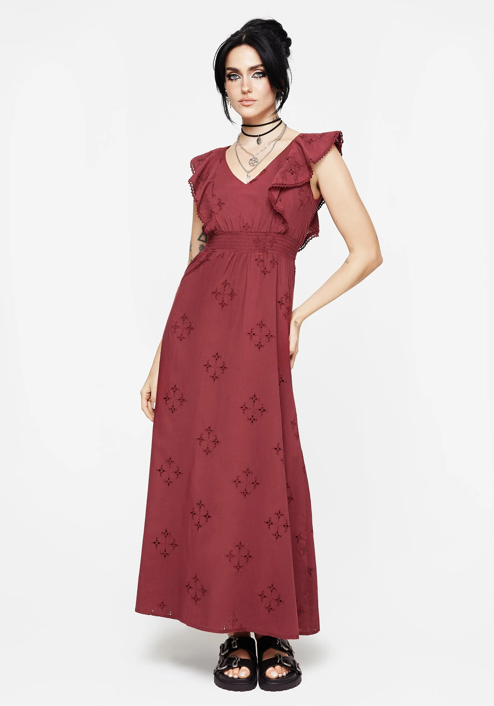 Crux Broderie Cotton V-Neck Frill Maxi Dress The elegant design of this maxi dress adds a refined touch to your wardrobe without being overly complicated Joy Soul
