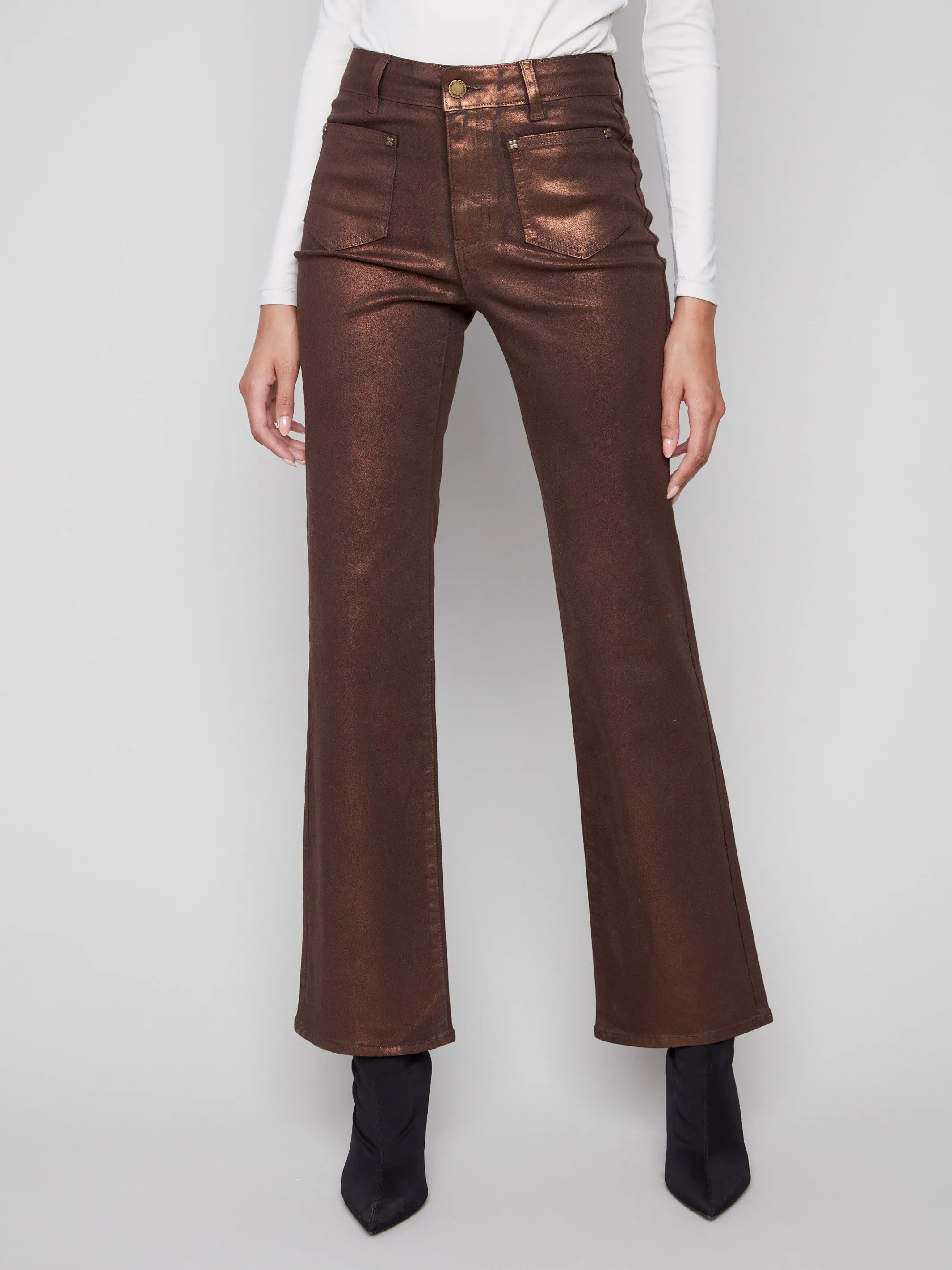 Patch Pocket Flare Metallic Twill Pants With Rivets - Bronze Everyday Gym Ready Comfortable Edge