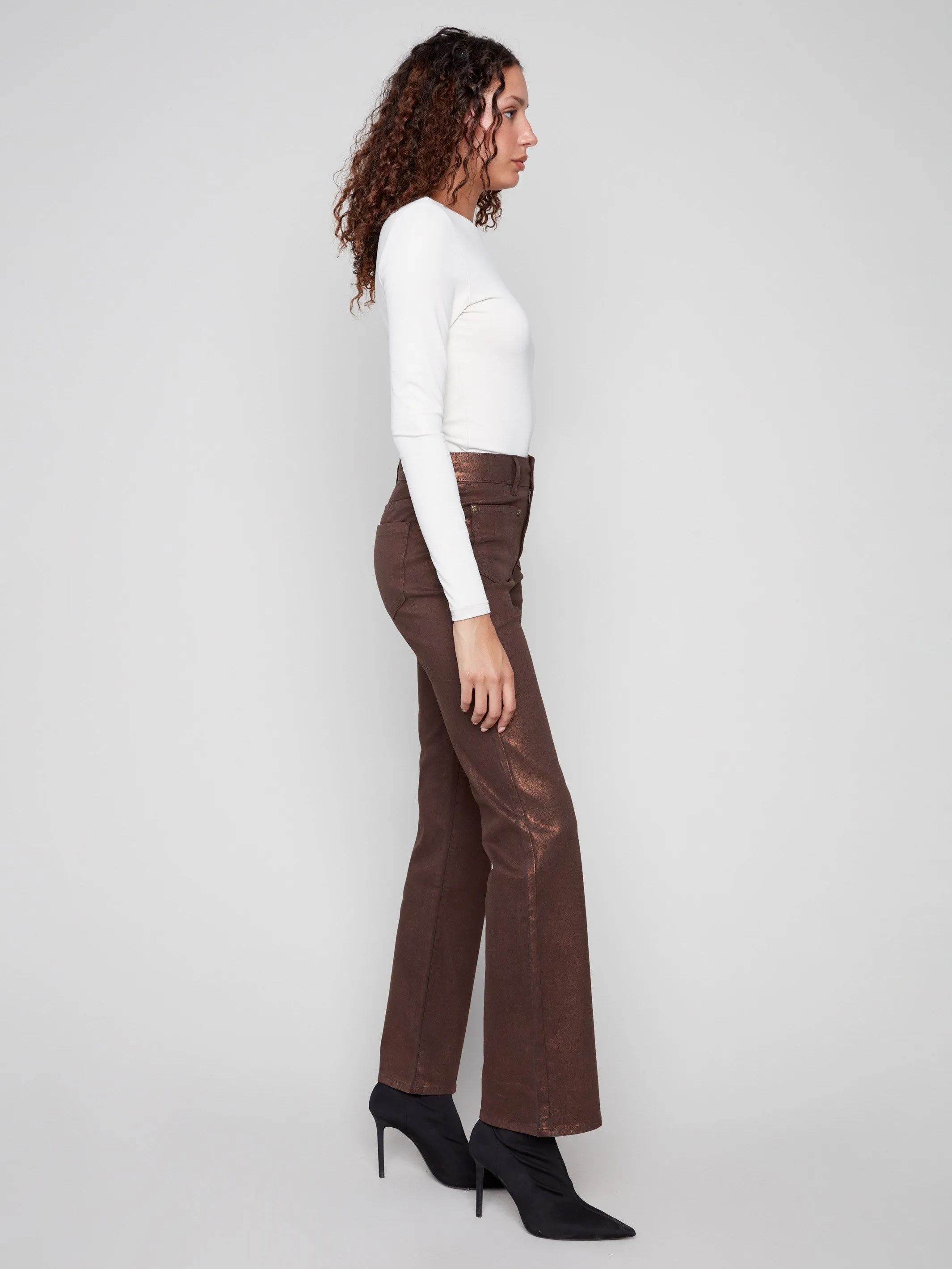 Odor Control Treatment Summer Vibes Patch Pocket Flare Metallic Twill Pants With Rivets - Bronze