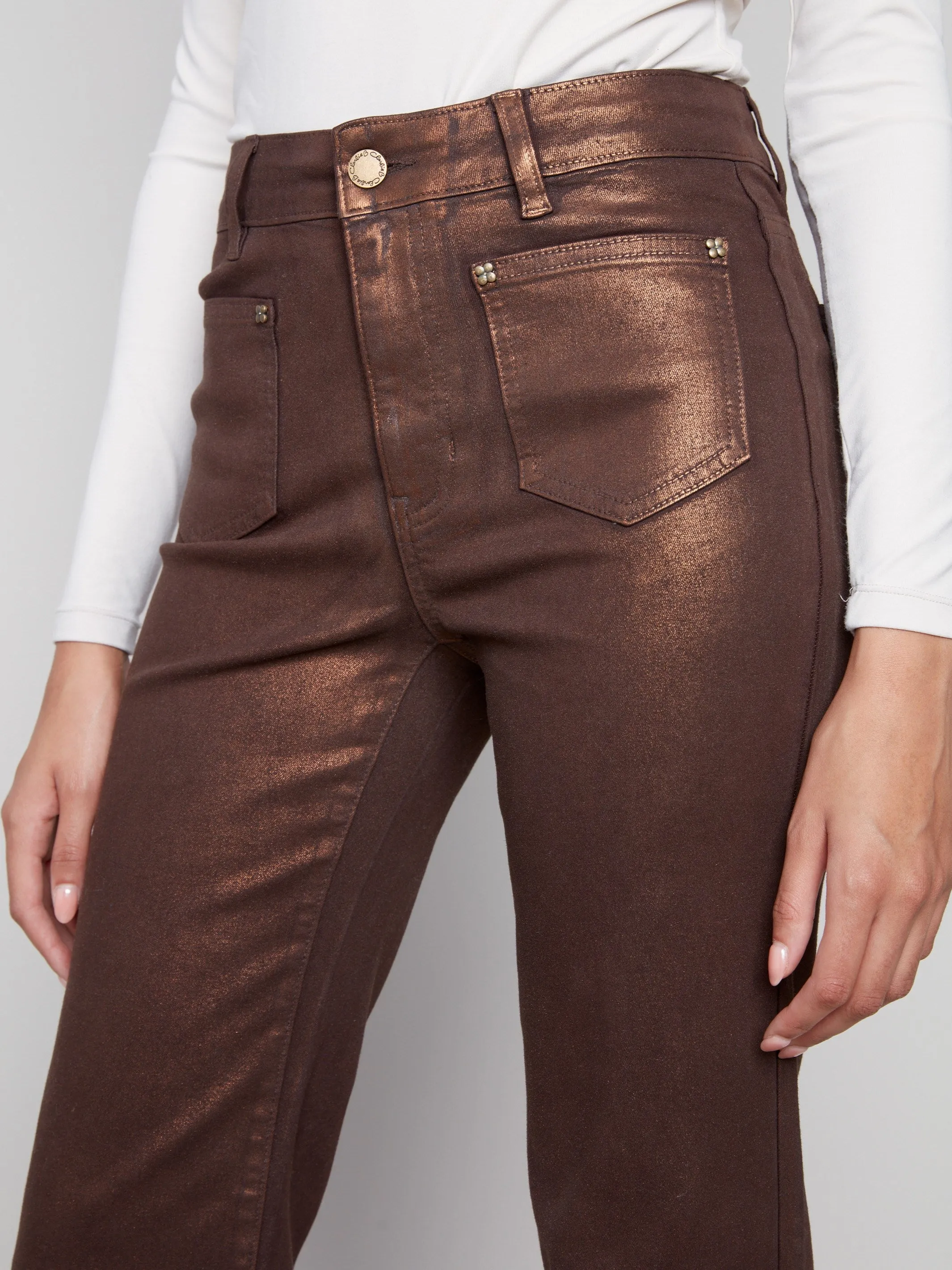 Stylish Casual All Round Wear Patch Pocket Flare Metallic Twill Pants With Rivets - Bronze
