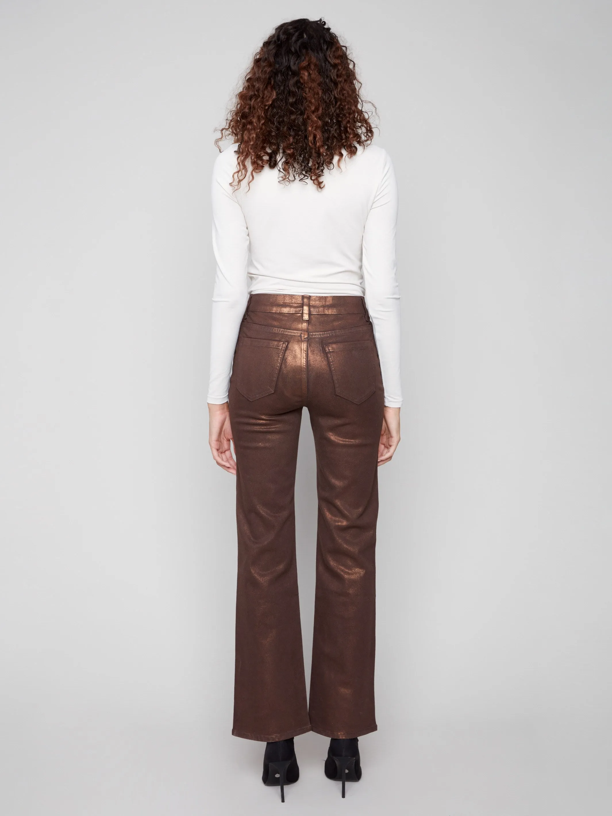All Purpose Simple Touch Patch Pocket Flare Metallic Twill Pants With Rivets - Bronze