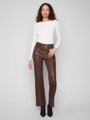 Relaxed Mood Simple Touch Patch Pocket Flare Metallic Twill Pants With Rivets - Bronze