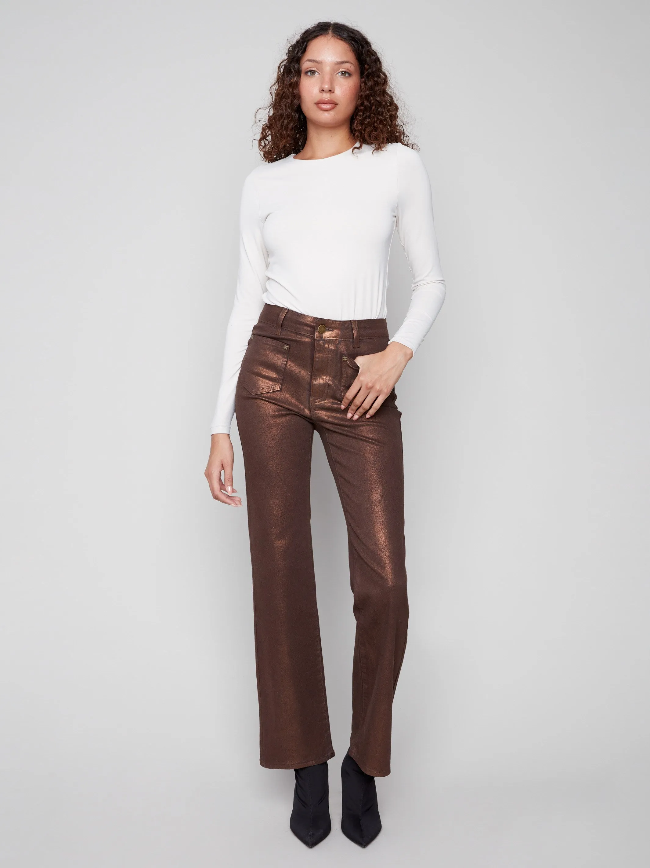 Relaxed Mood Simple Touch Patch Pocket Flare Metallic Twill Pants With Rivets - Bronze