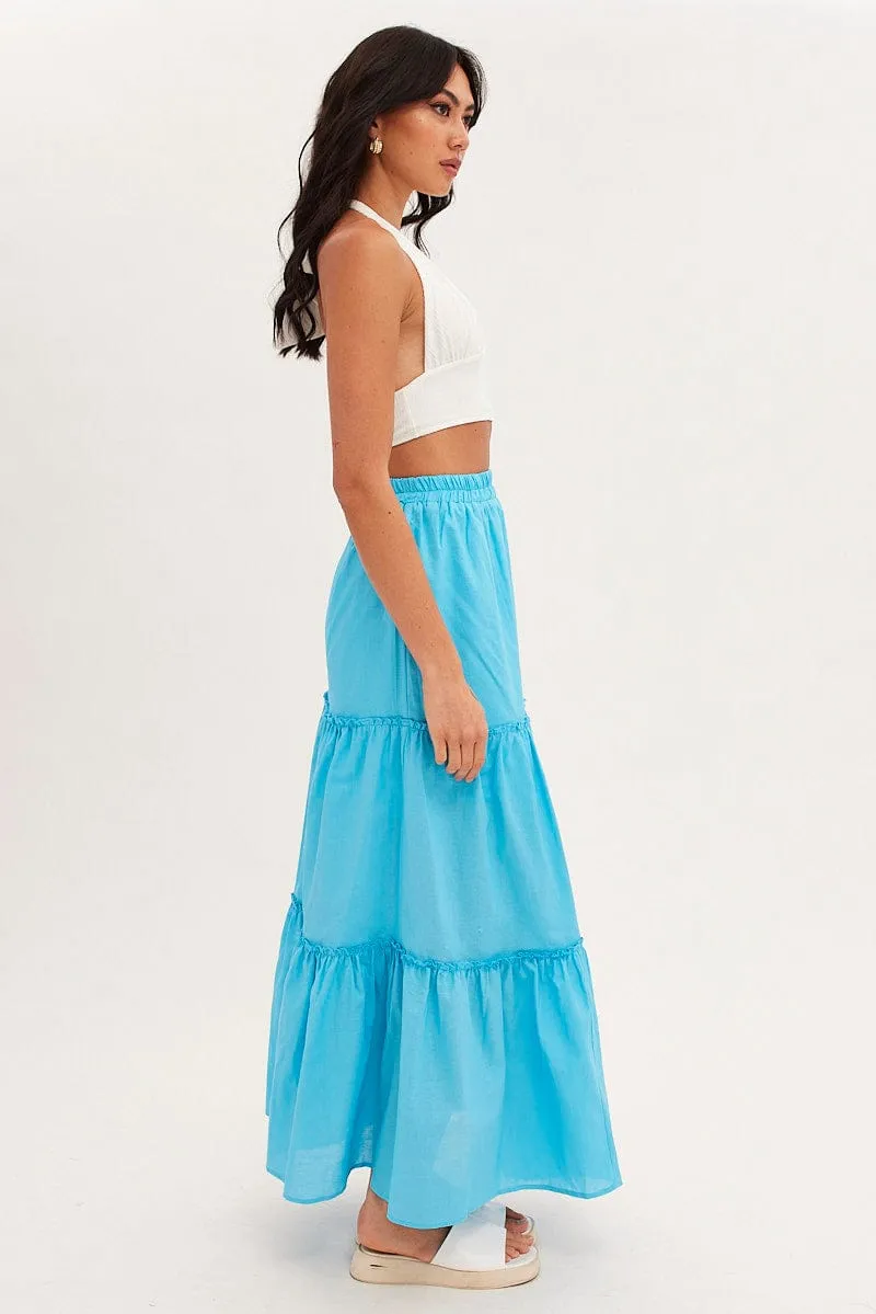 Blue Maxi Skirt Tiered Linen blend Tonal Layering