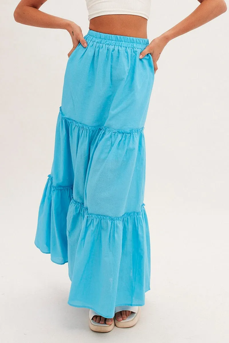 Cotton Rich Blue Maxi Skirt Tiered