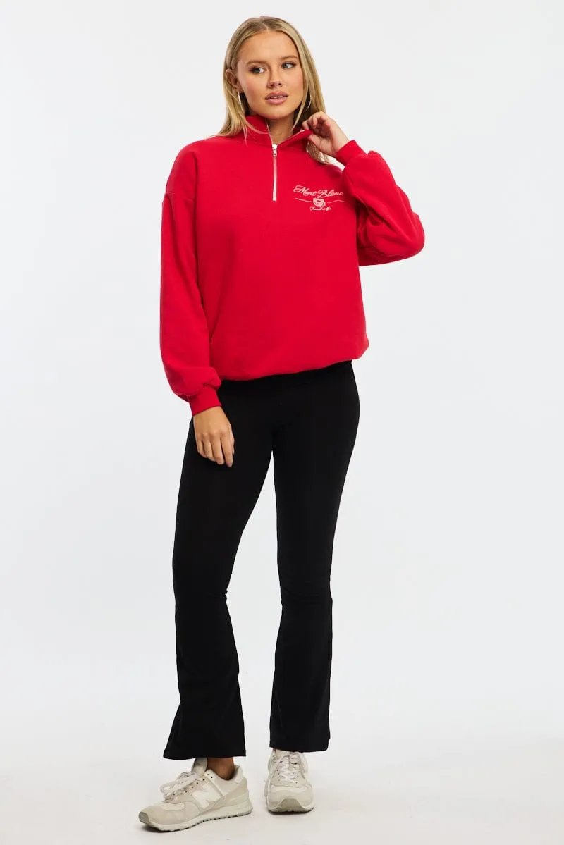 Red Zip Neck Sweater Oversized Cozy Basics hat accents