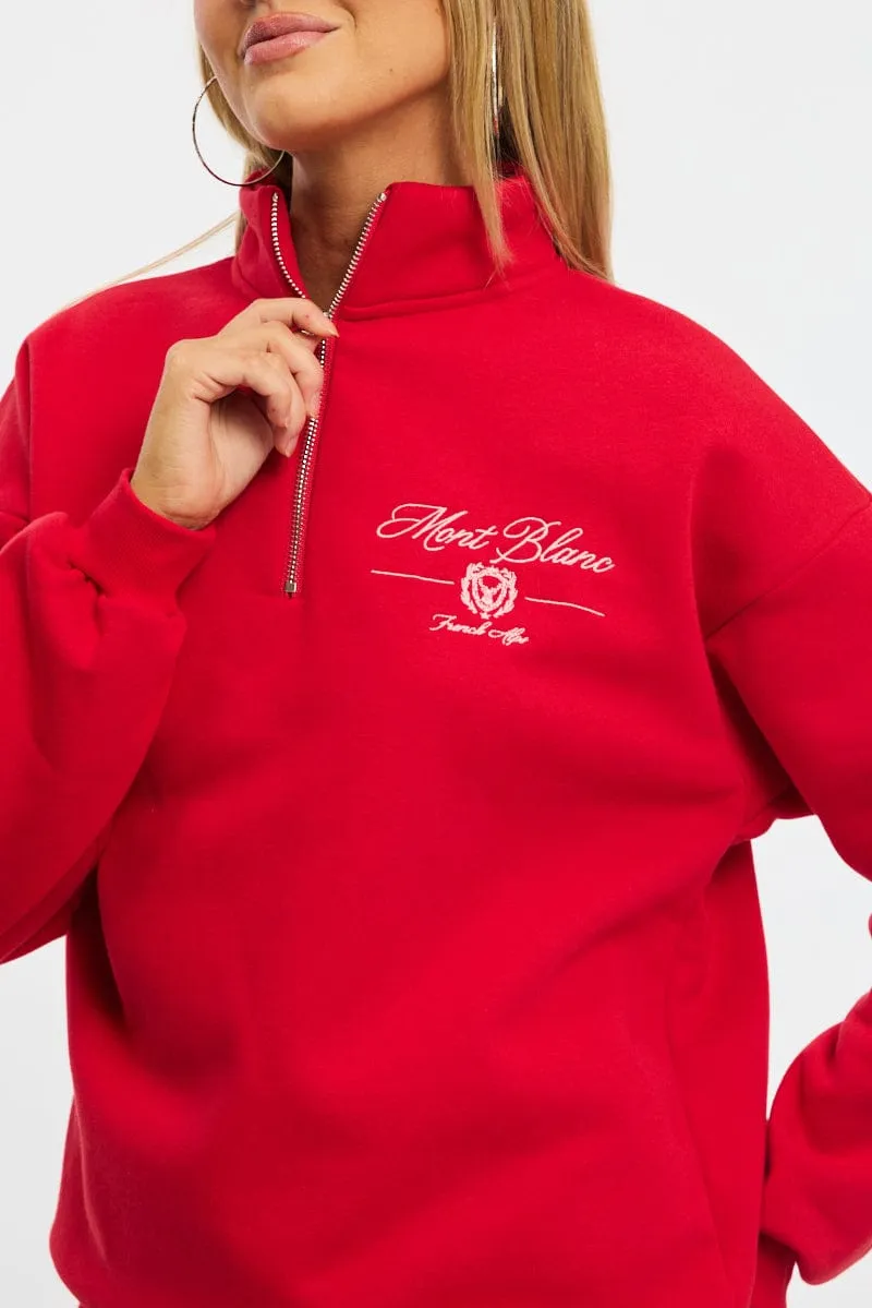 Red Zip Neck Sweater Oversized Cotton Blend product gym readiness