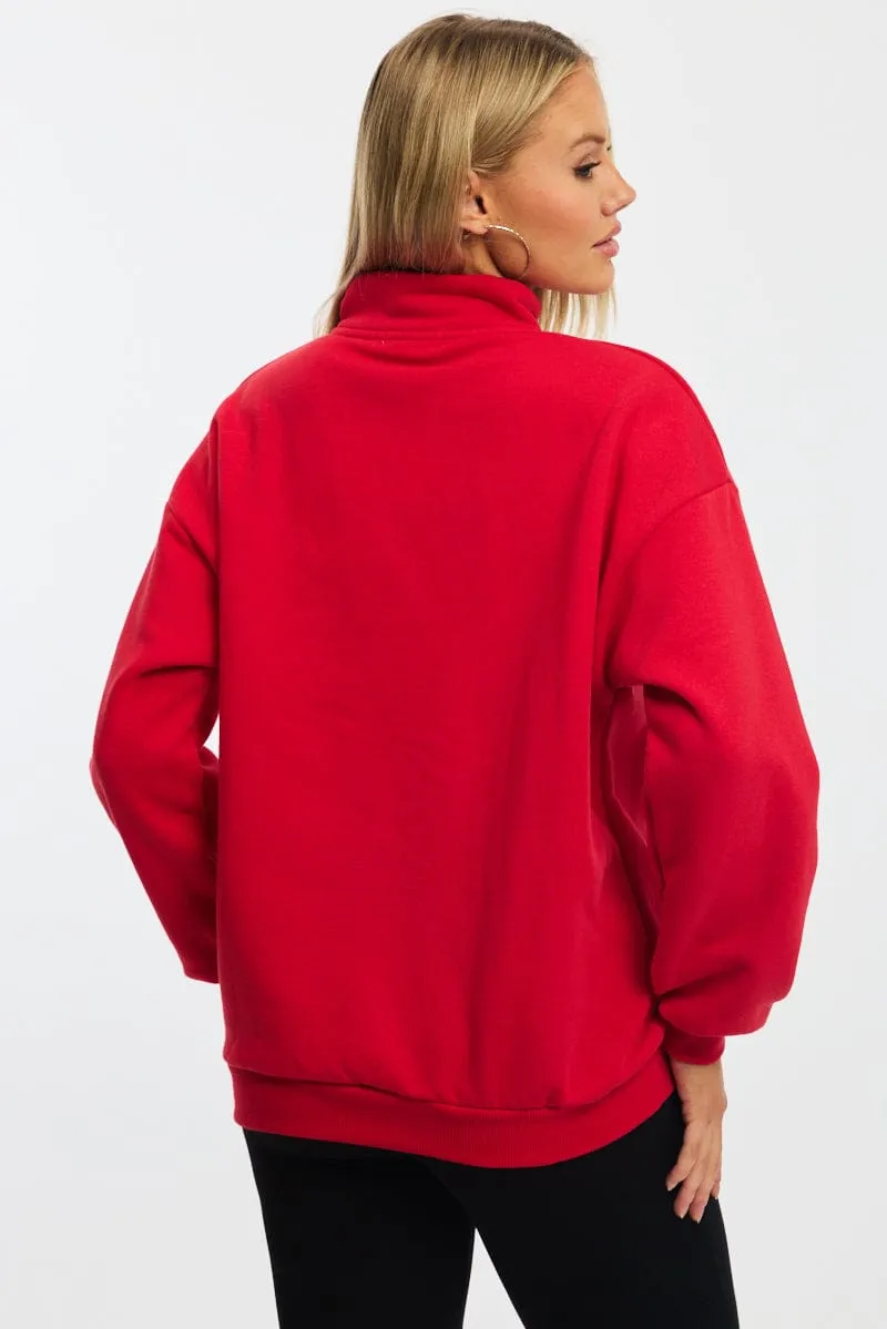 Red Zip Neck Sweater Oversized Formal Casual Layered Comfort