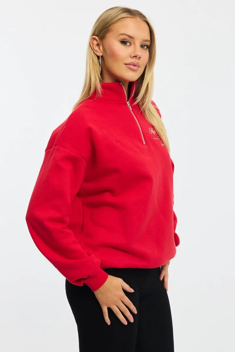 product camping suitable functionality Red Zip Neck Sweater Oversized