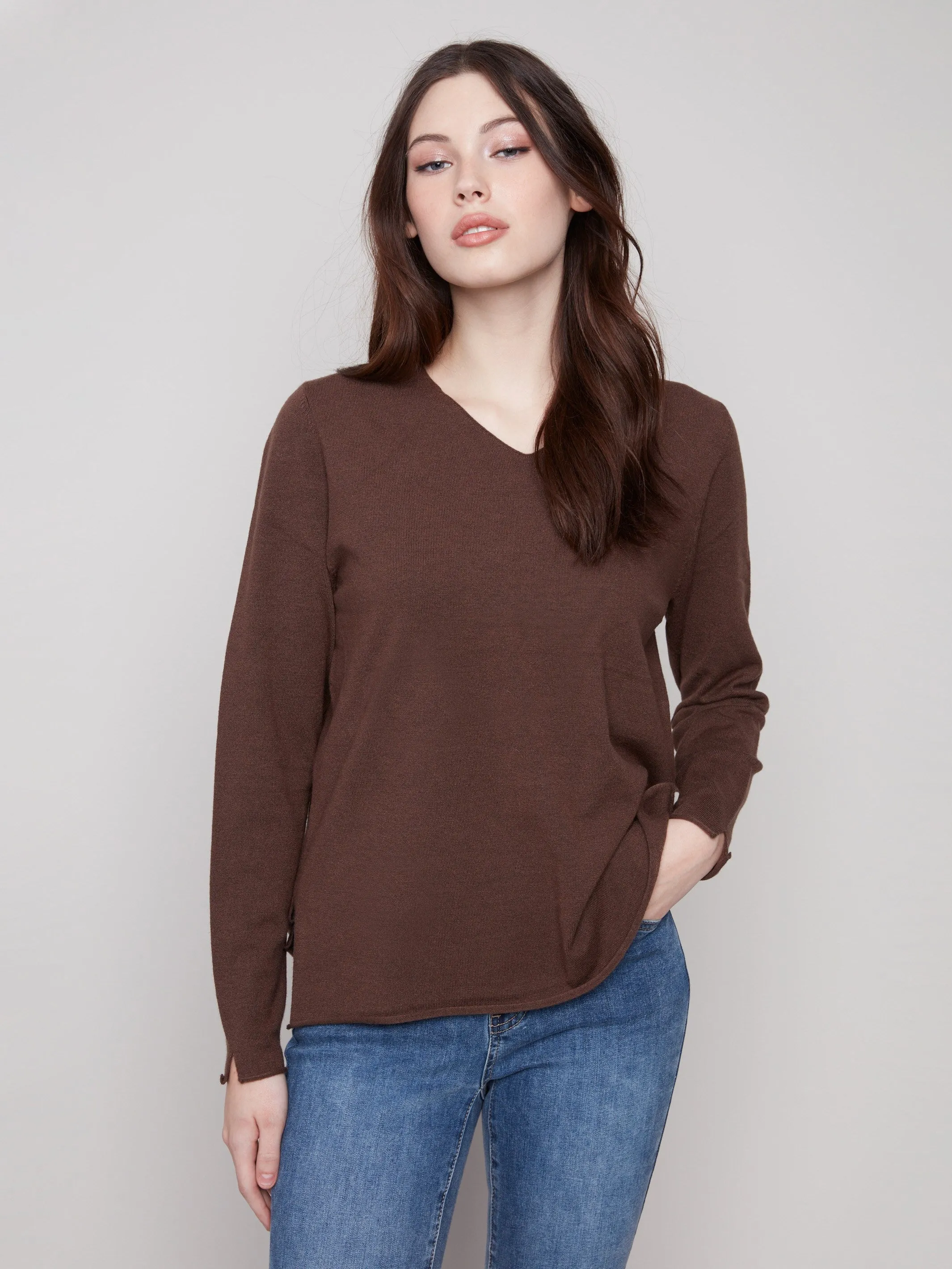 Basic V-Neck Sweater - Heather Mocha Double Layered Collar
