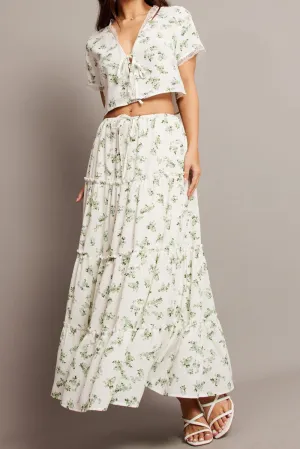 Green Floral Maxi Skirt Tiered High Rise Elastic Waistband Street Look