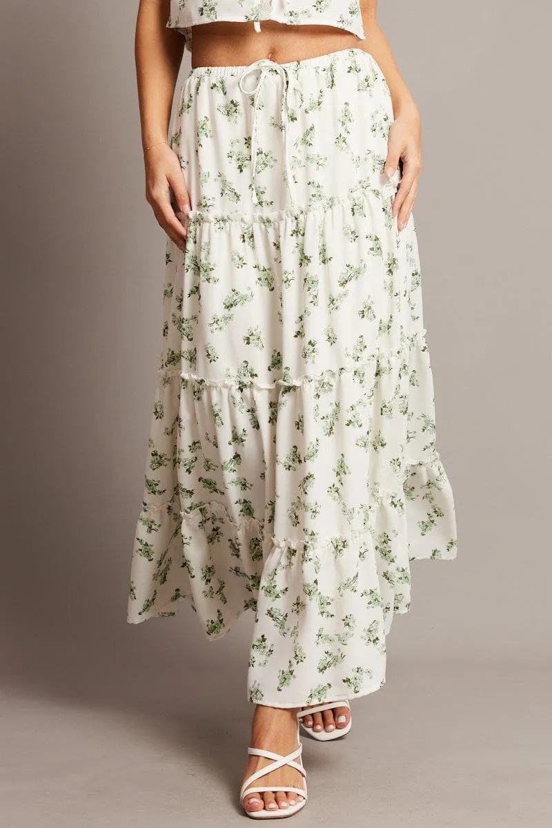 Green Floral Maxi Skirt Tiered High Rise Elastic Waistband Creative Look