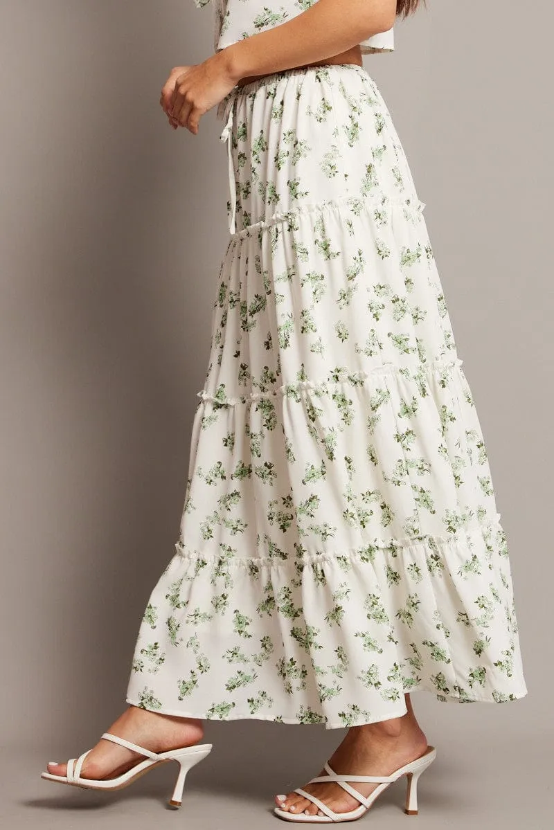 Green Floral Maxi Skirt Tiered High Rise Elastic Waistband personalized option Easy Motion