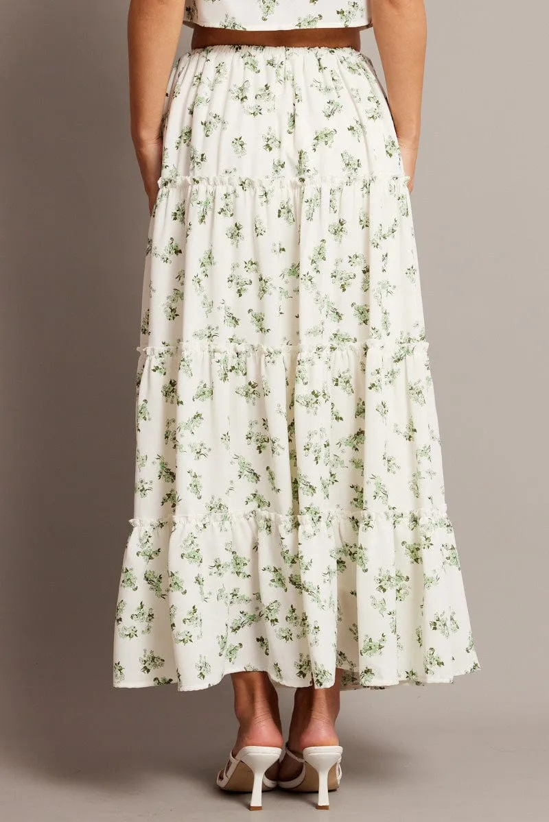 ruffle trim Green Floral Maxi Skirt Tiered High Rise Elastic Waistband