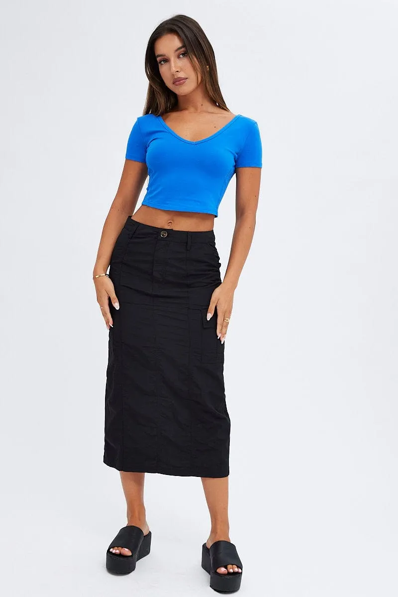 Subtle Shimmer Sheer Overlay Black Cargo Skirt High Rise
