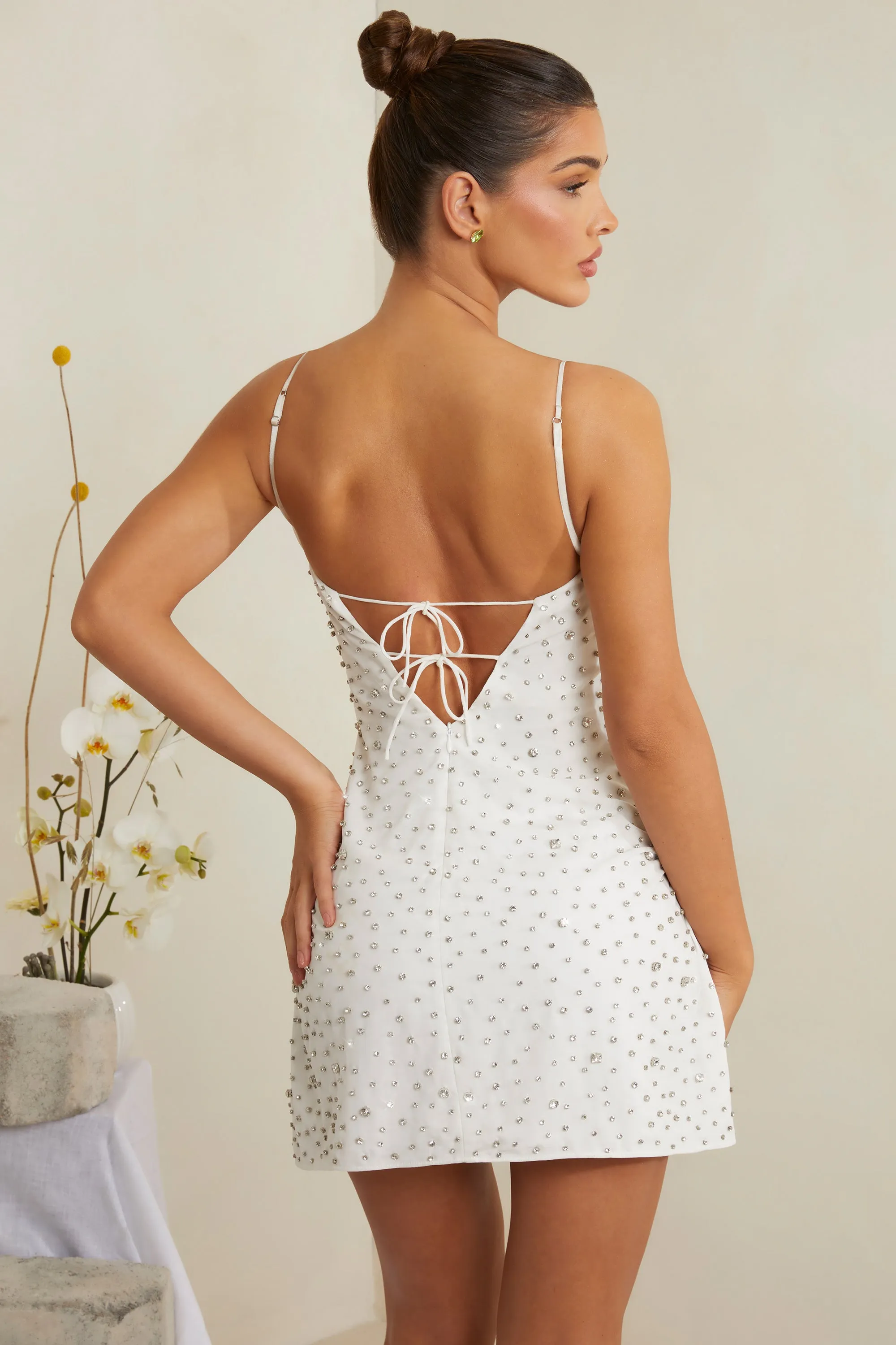 Hand Embellished Cowl Neck Mini Dress in White Casual day dress Sassy Pop