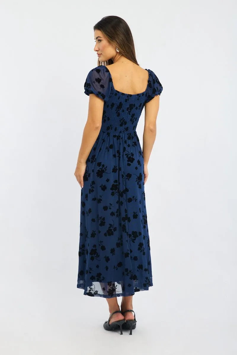 Bridal Mood Blue Floral Midi Dress Puff Sleeve