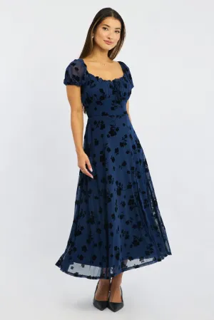 Harbor Dock Stone Path Blue Floral Midi Dress Puff Sleeve