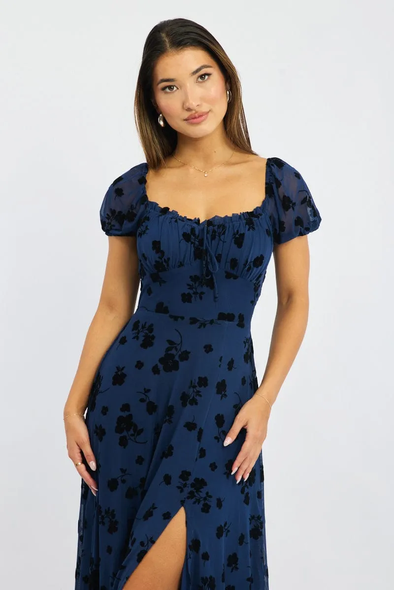 Blue Floral Midi Dress Puff Sleeve Elegant Silhouette Effortless Wear