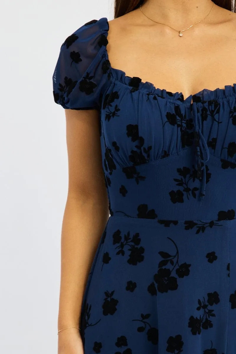 Blue Floral Midi Dress Puff Sleeve Stone Touch High-waisted midi dress