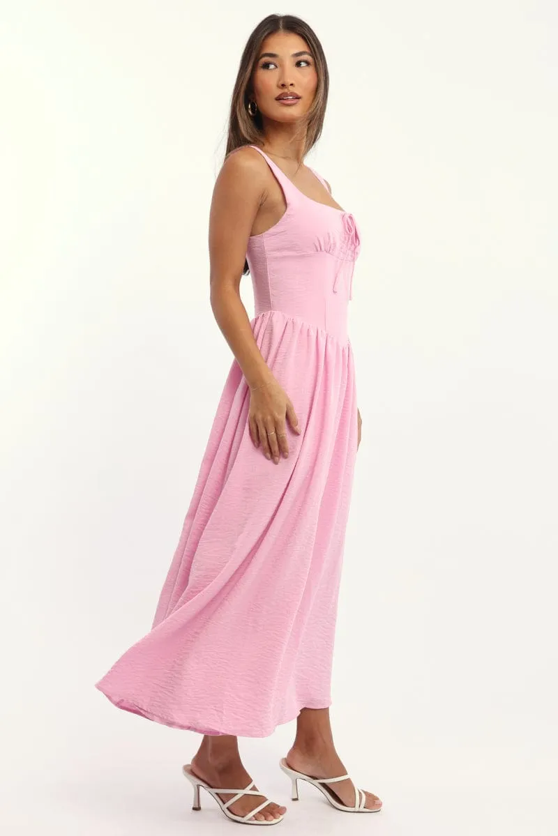Sequin Glow Pink Midi Dress Gathered Bust