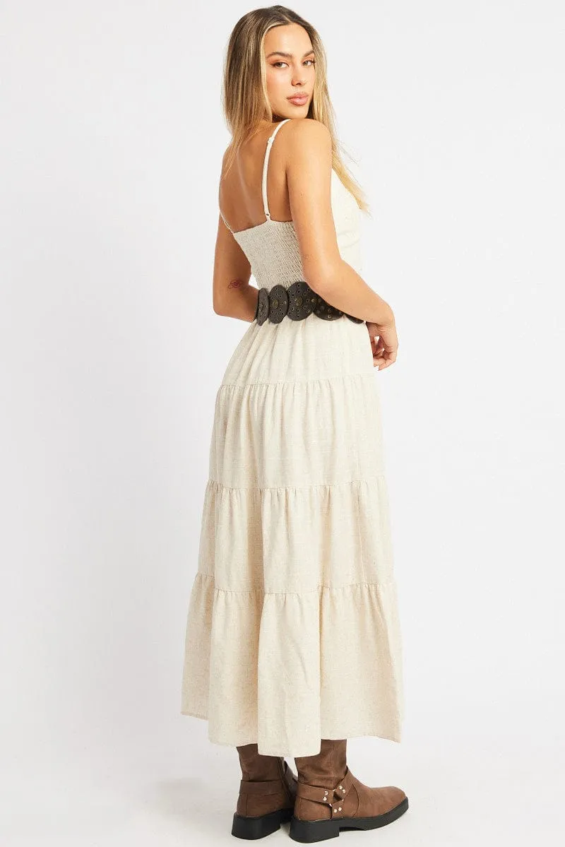 Beige Midi Dress Tiered Strappy Everyday Comfort Elegant Option