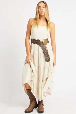 Beige Midi Dress Tiered Strappy Spring Tone Day To Night