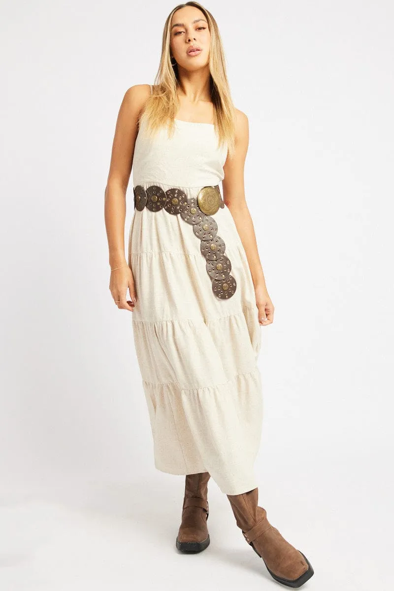 Opal Glow Beige Midi Dress Tiered Strappy