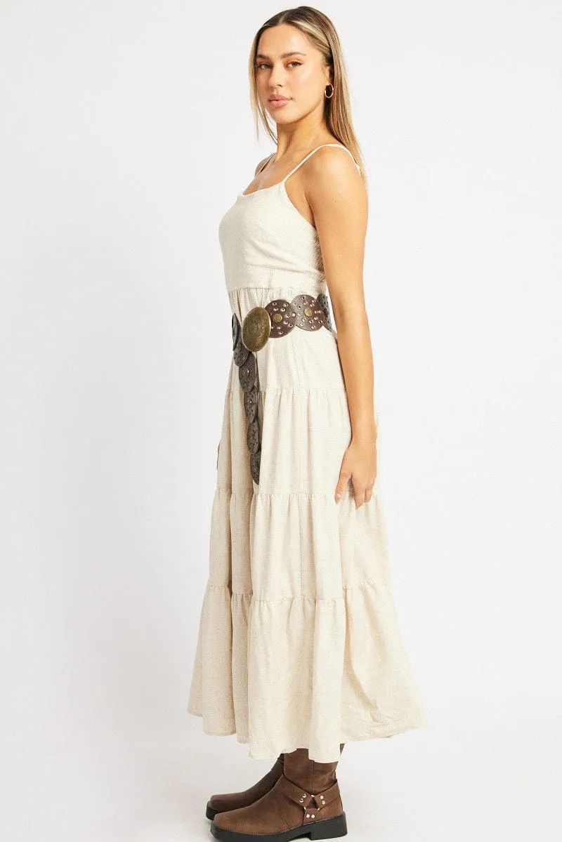 Edgy Youth Beige Midi Dress Tiered Strappy