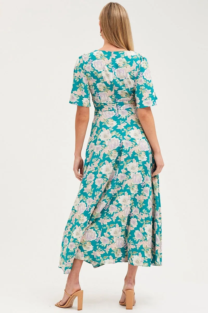 Street Minimal Print Dress Short Sleeve Maxi V Neck Polyester