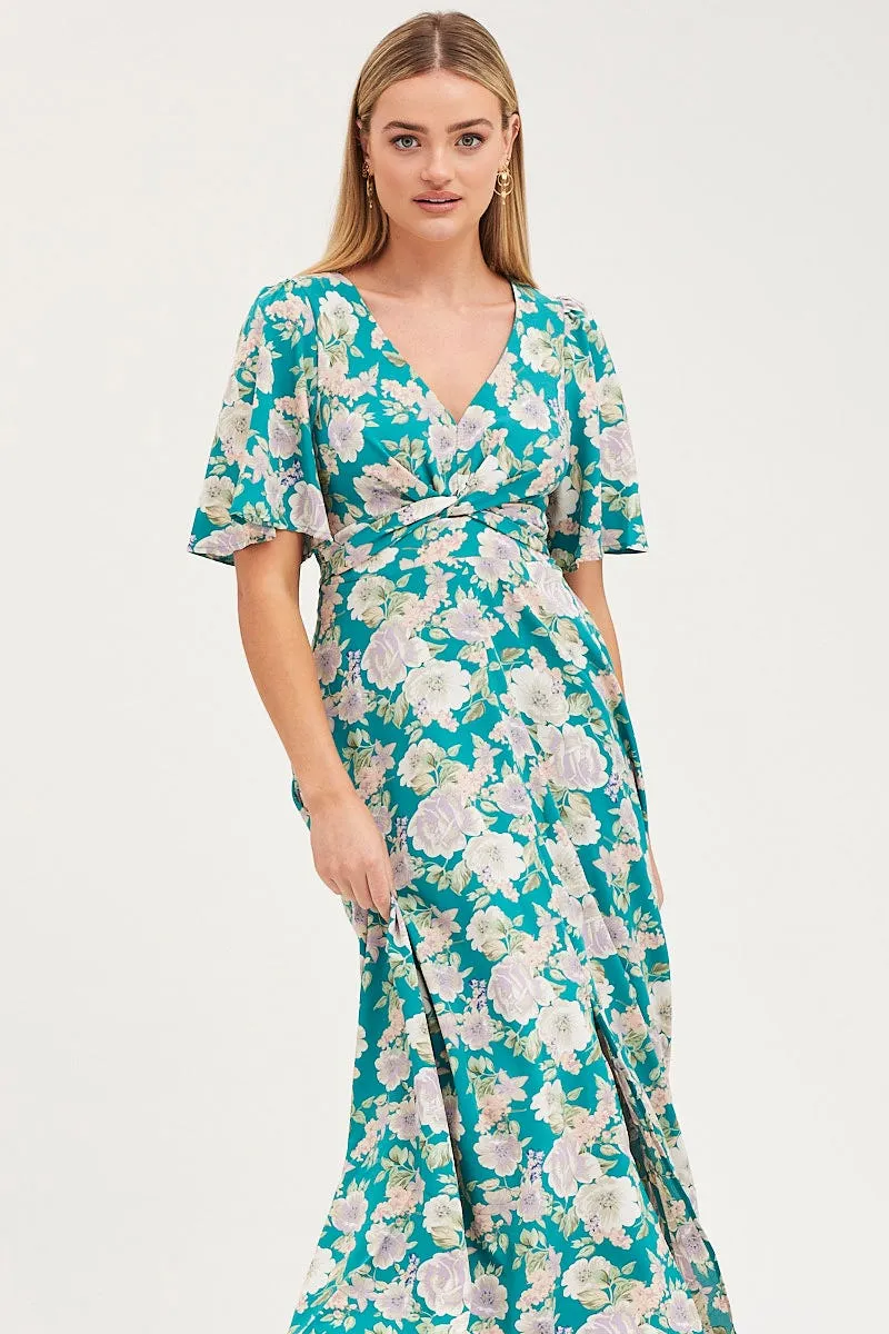 Easy Fashion Print Dress Short Sleeve Maxi V Neck Polyester