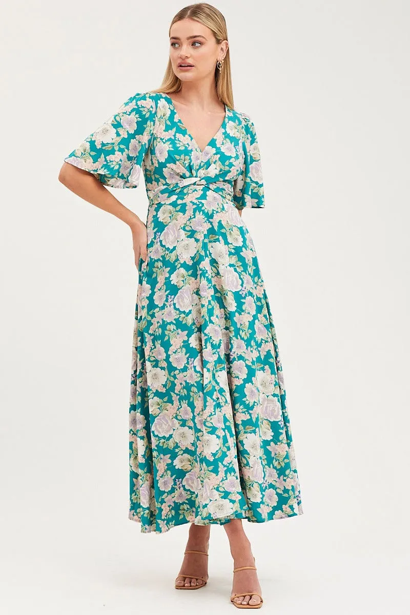 Trendy Fashion Print Dress Short Sleeve Maxi V Neck Polyester