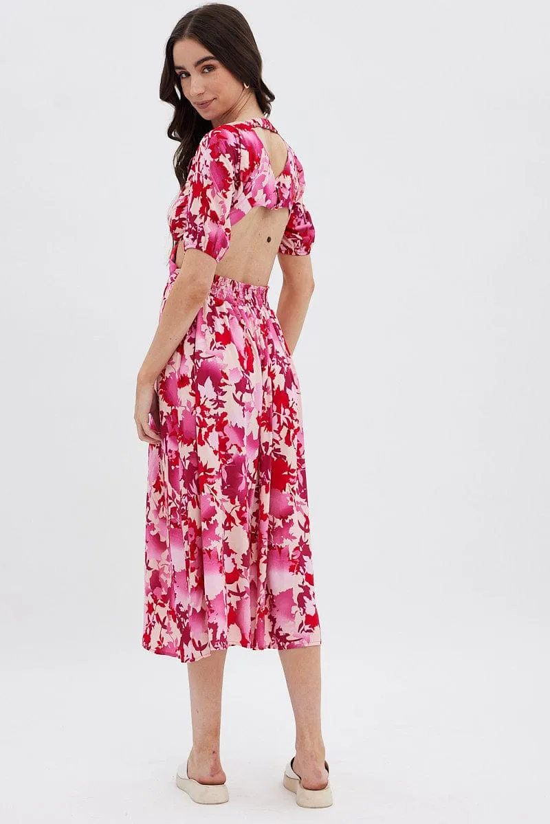 Sophisticated Look Flower Scent Red Floral Cutout Midi Dress