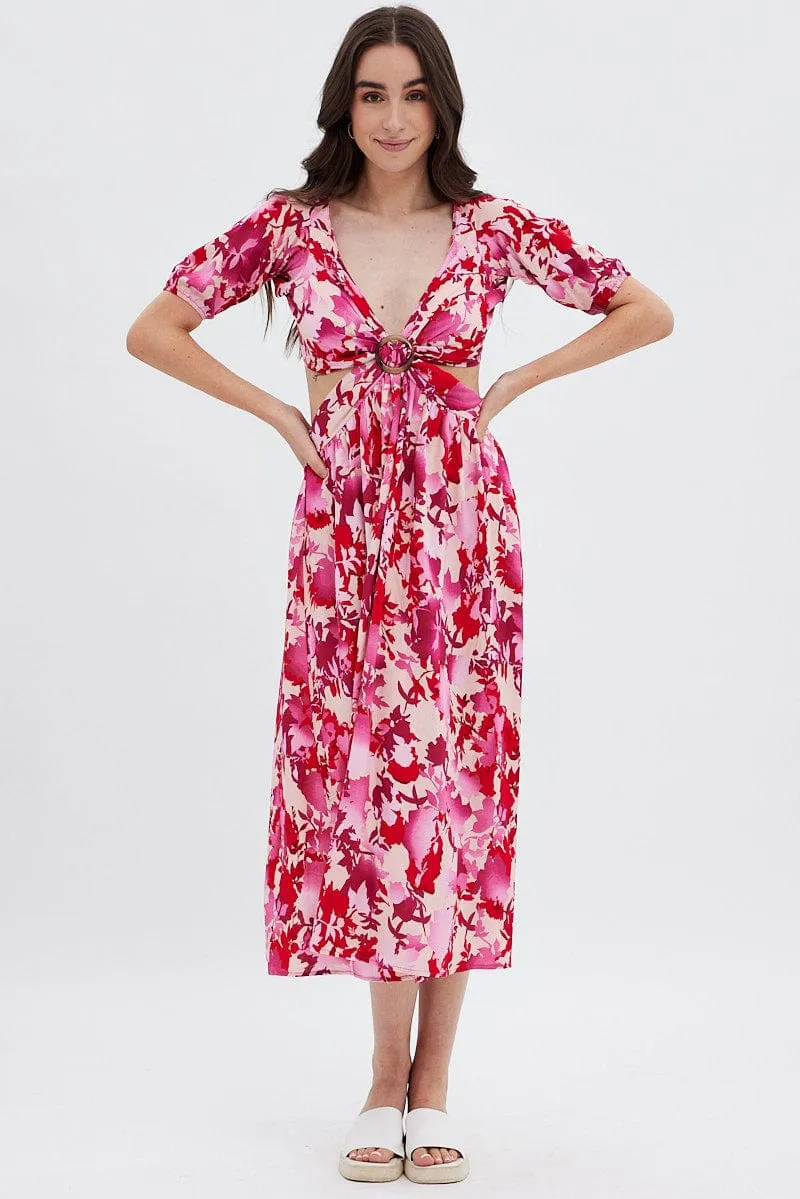 Red Floral Cutout Midi Dress Rose Garden