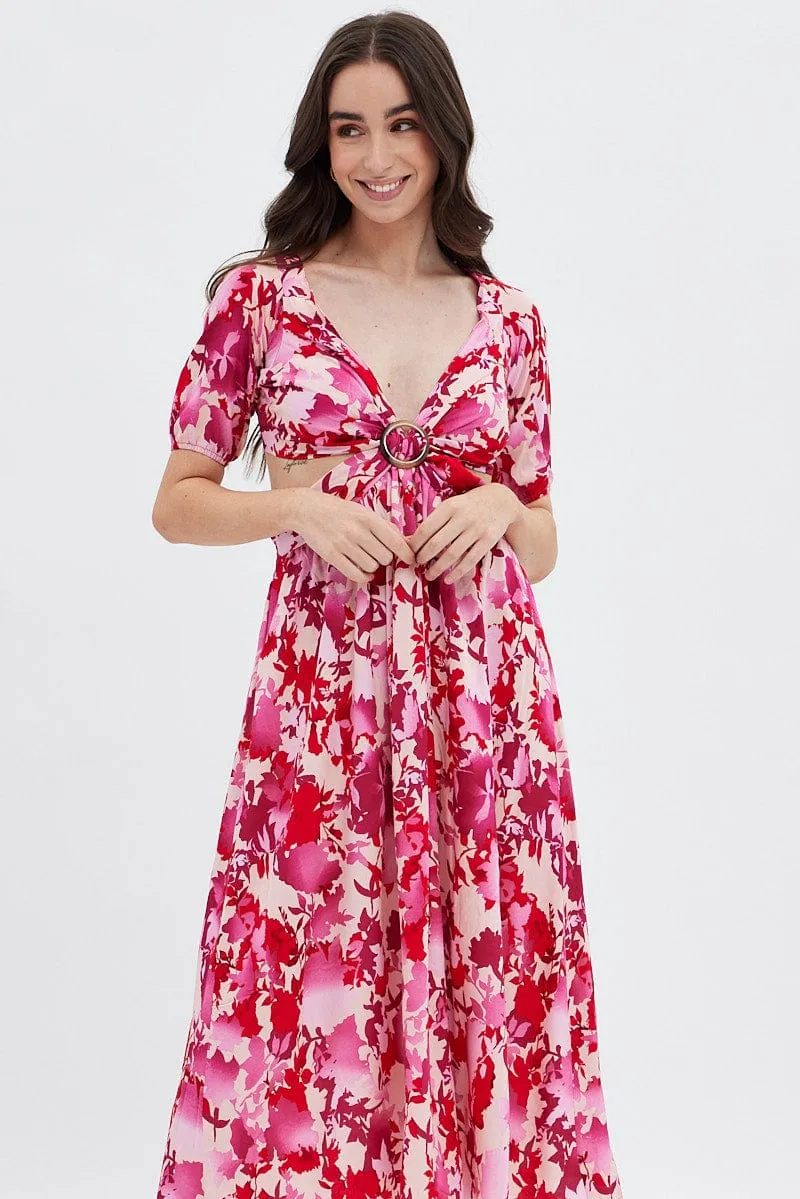 Red Floral Cutout Midi Dress Olive Grove Rock Bay