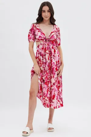 All Season Look Grace Mood Red Floral Cutout Midi Dress