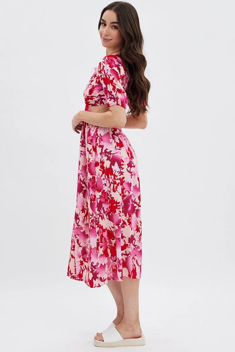 Wool Warm Red Floral Cutout Midi Dress