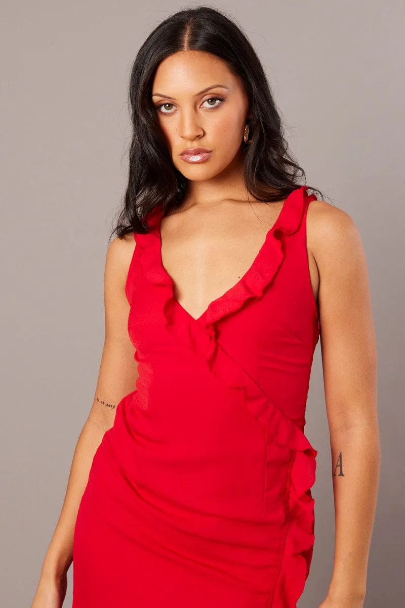 Red Ruffle Dress Wrap Midi Chiffon Breathable fabric