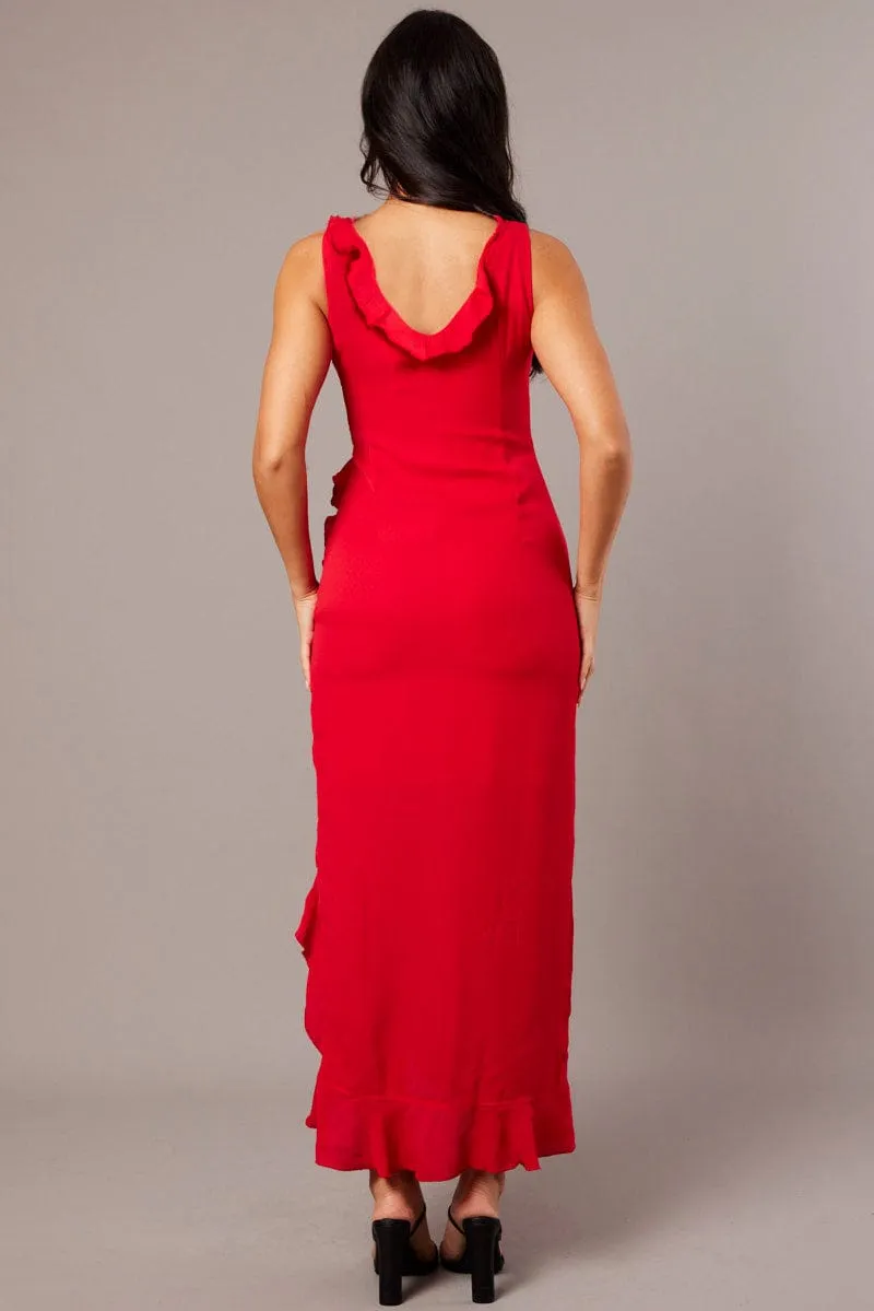 Red Ruffle Dress Wrap Midi Chiffon Comfortable Cut City Mood