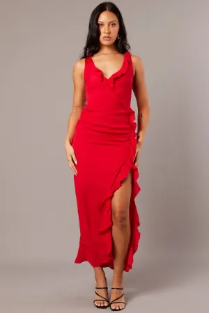 Red Ruffle Dress Wrap Midi Chiffon Soft draping fabric dress