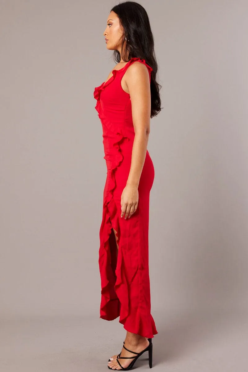 slow life Red Ruffle Dress Wrap Midi Chiffon