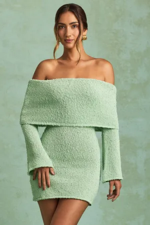 Boucl?? Off-Shoulder Mini Dress in Mint Night Pop Sheer Glam